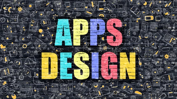 Multicolor Apps Design on Dark Brickwall (dalam bahasa Inggris). Gaya Doodle . — Stok Foto