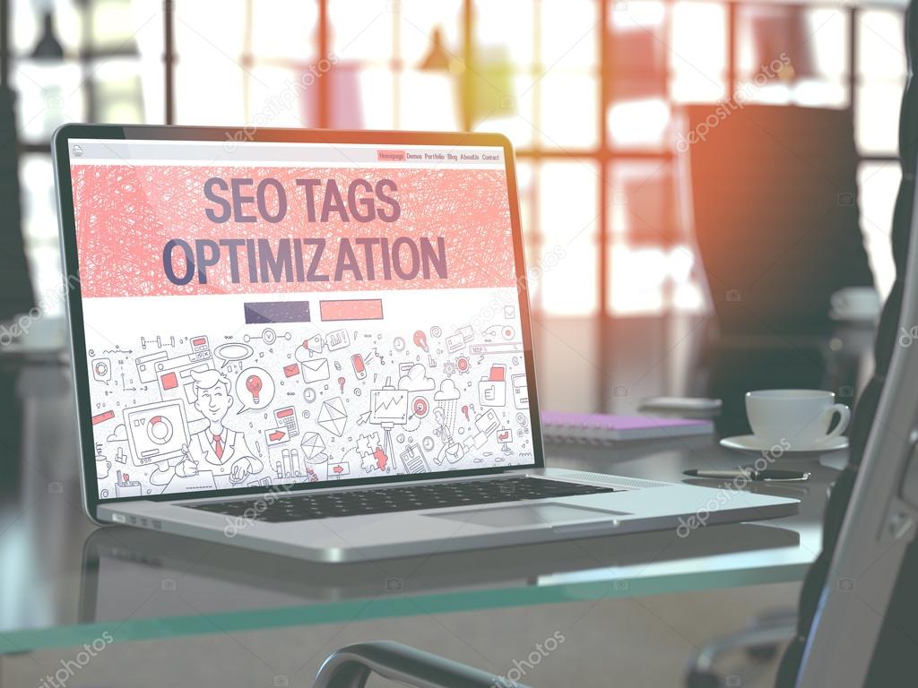 SEO Tags Optimization - Concept on Laptop Screen.