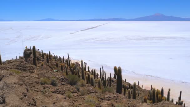 Vista del volcán inactivo con el Salt Flat más grande del mundo — Vídeo de stock