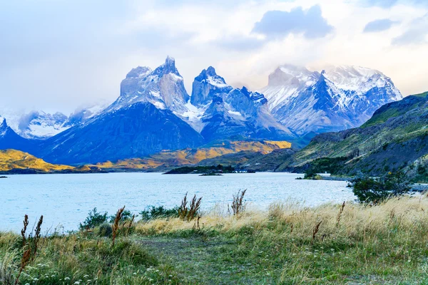 View of Cuernos del Paine from lake Pehoe Stock Photo