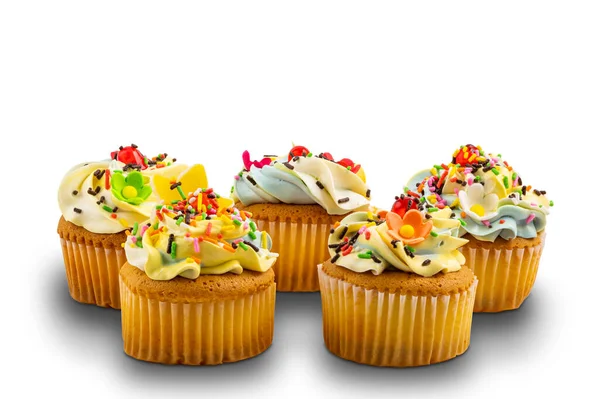 Group Vanilla Cupcake Vanilla Butter Cream Frosting Decorated Multicolored Rainbow — Stock Photo, Image