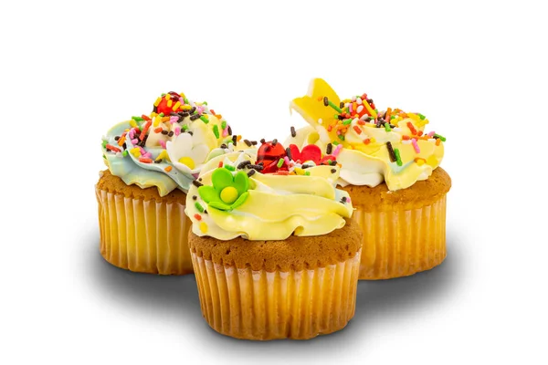 Vanilla Cupcakes Garnished Colorful Vanilla Butter Cream Frosting Multicolored Sprinkles — Stock Photo, Image