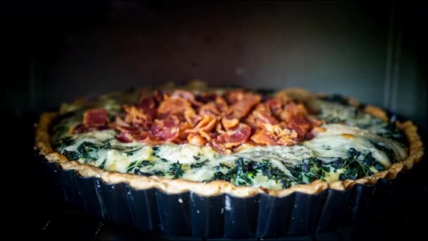 Time Lapse Spinach Quiche Oven Homemade French Quiche Cheese Spinach — Stock Video