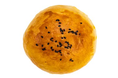 Üst görünüm tek hamburger ekmeği kırpma yolu ile beyaz arkaplanda izole.