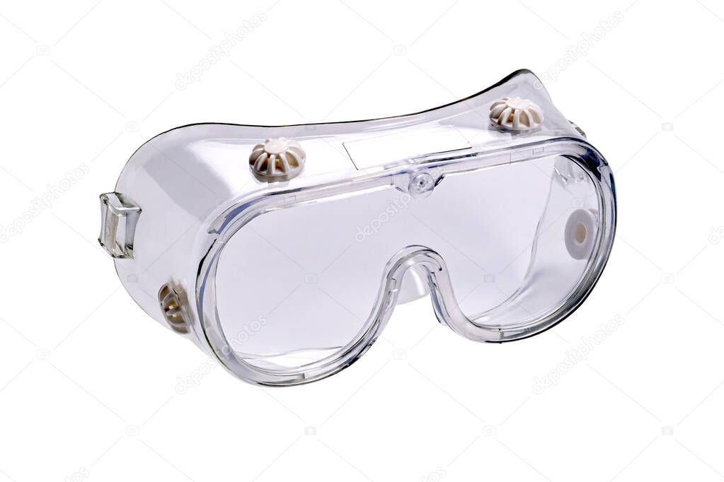 View of chemical splash goggles that help  protect eye from particulates and chemical splash isolated on white background with clipping path.