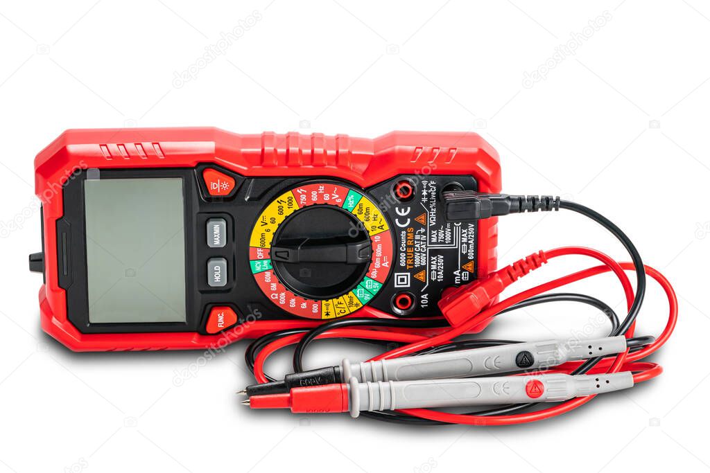 Side view of red portable digital multimeters or multitester with test leads and probes on white background contain clipping path.