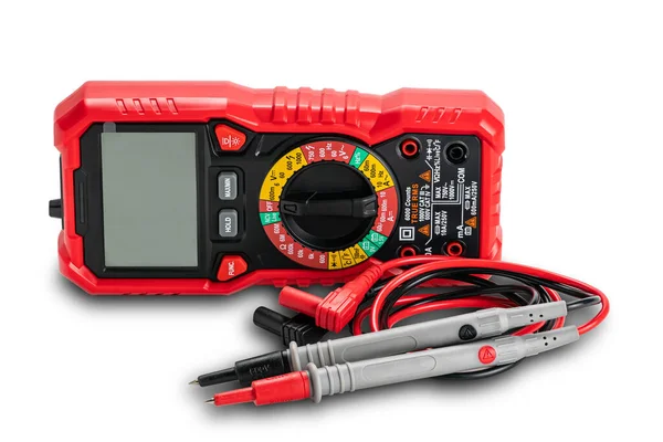 Vista Multímetros Digitales Portátiles Rojos Multiprobadores Con Cables Prueba Sondas — Foto de Stock