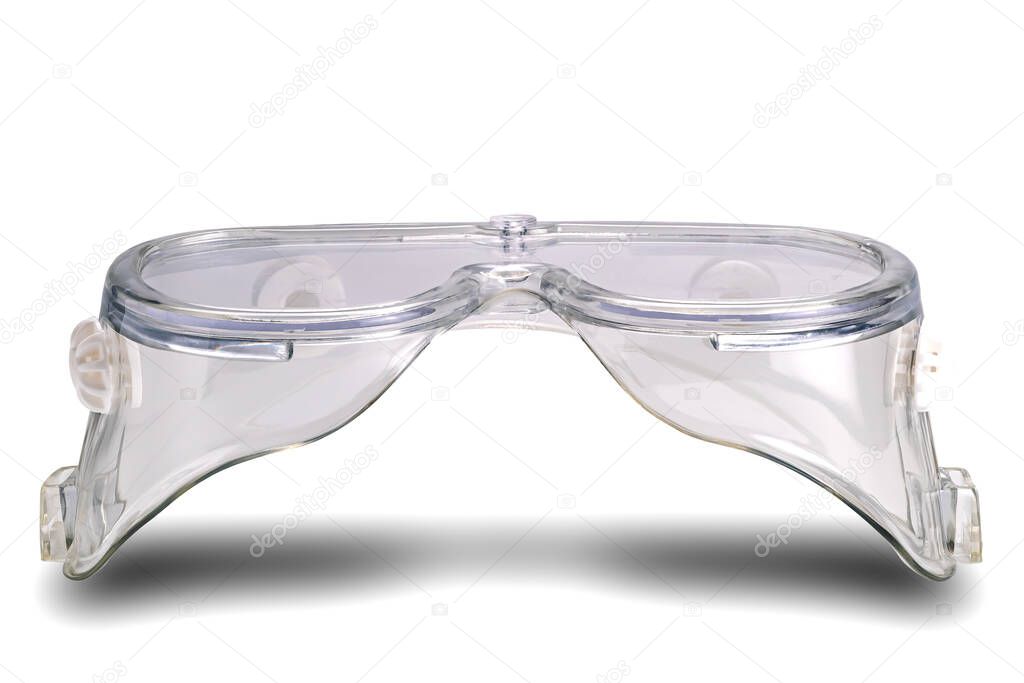 Safety protective transparent goggles on white background with clipping path.