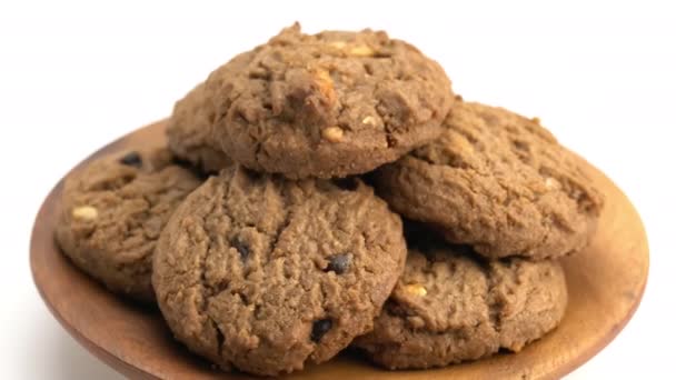 Rotation Pile Delicious Homemade Chocolate Chip Butter Cookies Wooden Plate — Stock Video