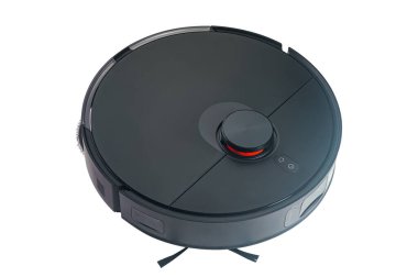 High angle view of black smart robot vacuum cleaner isolated on white background with clipping path.
