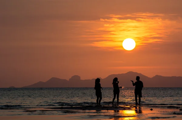 Silhouettes of people on beach at sunset — Stock Photo, Image