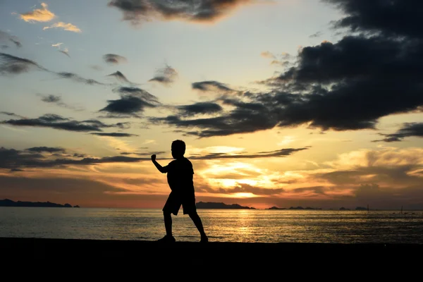 Silhouette of boy doing martial art — Stock Photo, Image