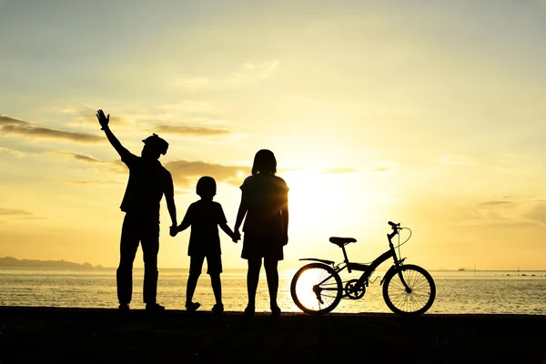 Ffamily with bicycle on beach — Stock Photo, Image