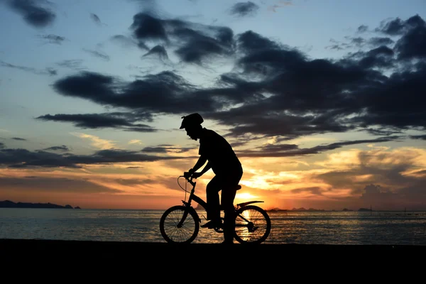 Силуэт человека с велосипедом на пляже — стоковое фото