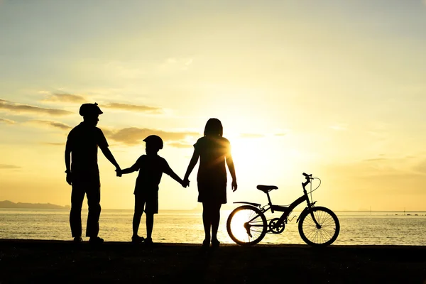 Familia con bicicleta en la playa . — Foto de Stock