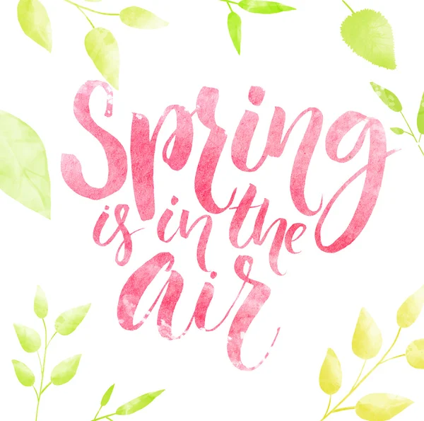 Frühling liegt in der Luft-Aquarell-Schriftzug — Stockfoto