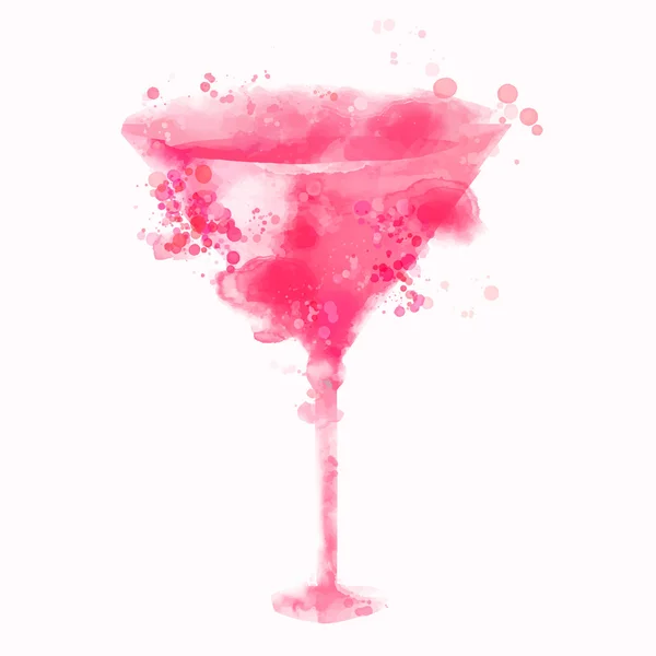 Pink cosmopolitan alcohol cocktail illustration with watercolor splashes - Stok Vektor