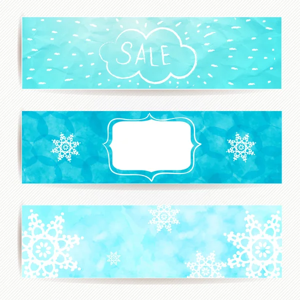 Set of horizontal holidays christmas banners with blue background, santa with speech bubble and snowflakes — Stock Vector