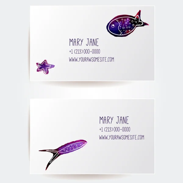 Conjunto de dos plantillas de tarjetas de visita creativas con diseño vectorial artística. Vida submarina acuarela — Vector de stock
