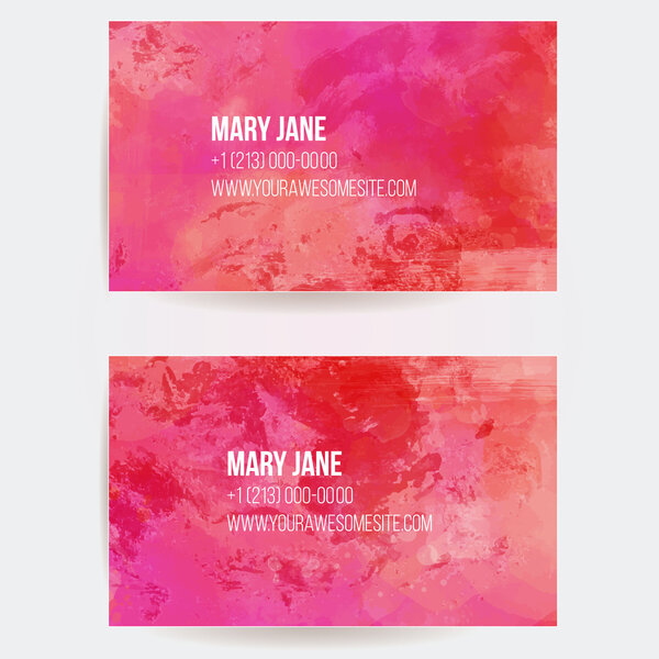 Two business card templates with vector pink textured background.