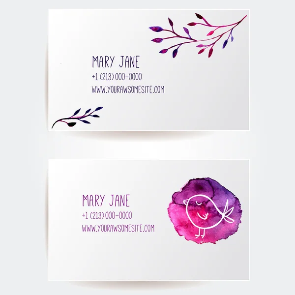 Set of two creative business card templates with artistic vector design. Card with watercolor leaf branch and paint stain with cute hand drawn bird. — Stock Vector