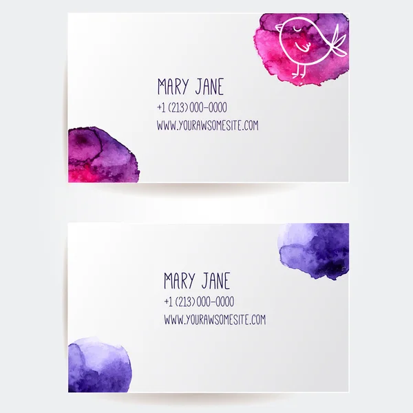 Conjunto de dos plantillas de tarjetas de visita creativas con diseño vectorial artística. Manchas y manchas de acuarelas color rosas y púrpuras. — Vector de stock