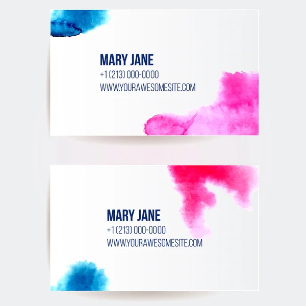 Set of two creative business card templates with artistic vector design. Abstract pink and blue ink stains. — Stock Vector