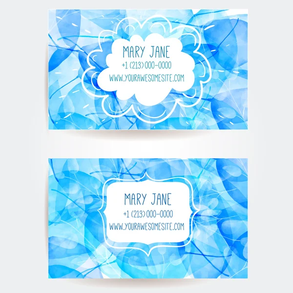 Conjunto de dos plantillas de tarjetas de visita creativas con diseño vectorial artística. Fondo abstracto azul con hojas de patrón. — Vector de stock