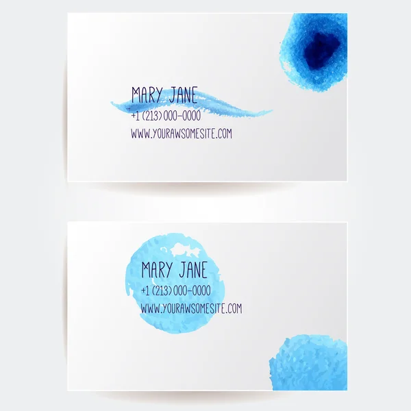 Set of two creative business card templates with artistic vector design. Sea blue strokes and stains. — Stock Vector