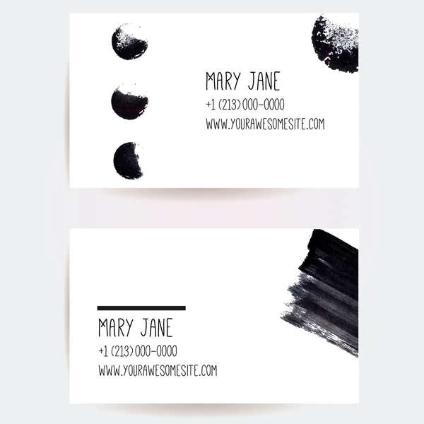 Conjunto de dos plantillas de tarjetas de visita creativas con diseño vectorial minimalista. Resumen pinceladas de tinta negra y huellas del círculo. — Vector de stock