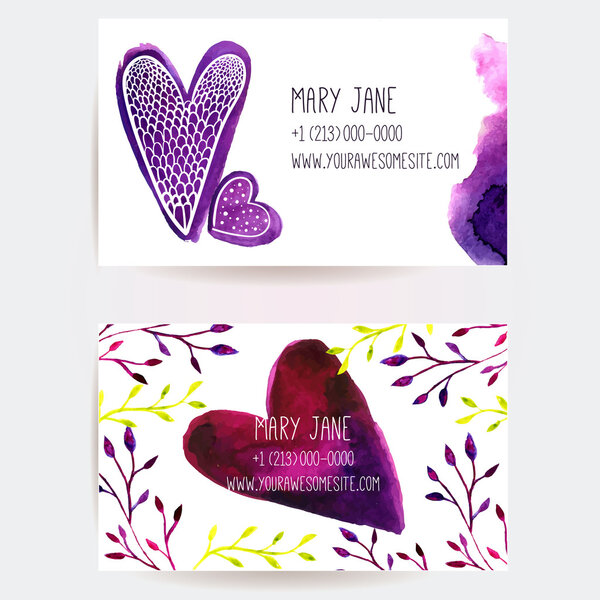 Set of two creative business card templates with artistic vector design. Pink and purple watercolor spots and stains.