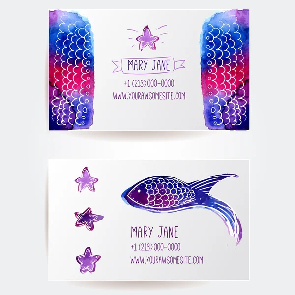 Set of two creative business card templates with artistic vector design. Pink and purple watercolor spots and stains. — Stock Vector