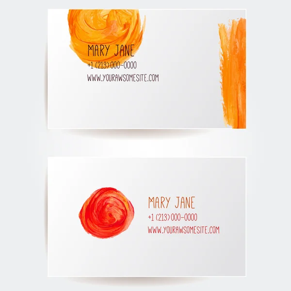 Set of two creative business card templates with artistic vector design. Orange and red abstract paint strokes. — Stock Vector