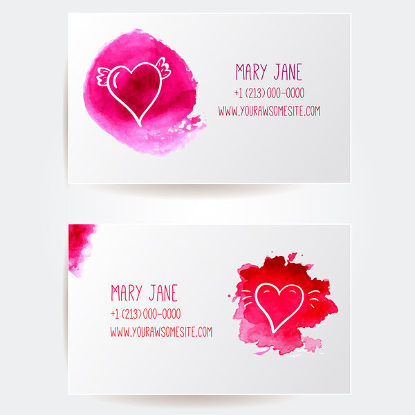 Set of two creative business card templates with artistic vector design. Watercolor splashes with hand drawn hearts.