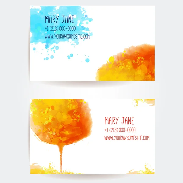 Σύνολο των δύο προτύπων δημιουργική επαγγελματική κάρτα με καλλιτεχνική διάνυσμα ακουαρέλα σχεδιασμού. Πορτοκαλί φθινόπωρο, δέντρο και αφηρημένο πιτσιλιές του χρώματος. — Διανυσματικό Αρχείο