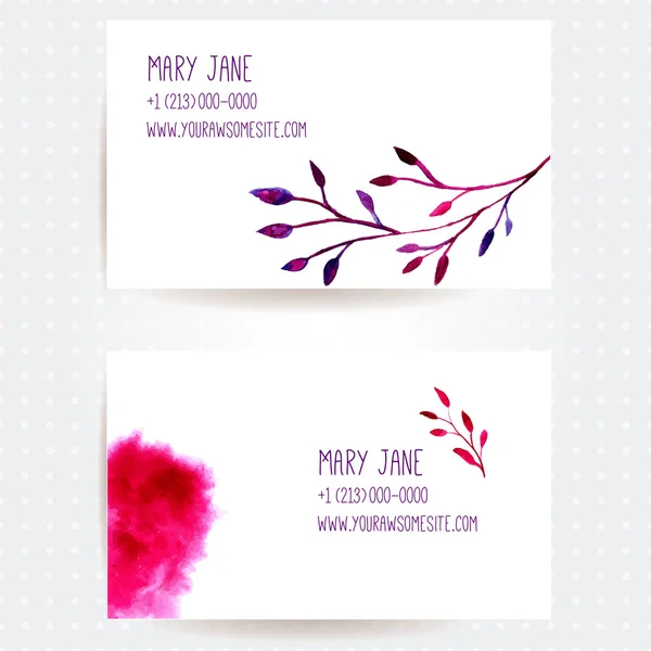 Set of two creative business card templates with artistic vector design. Branch of tree and abstract pink watercolor splashes. — Stock Vector