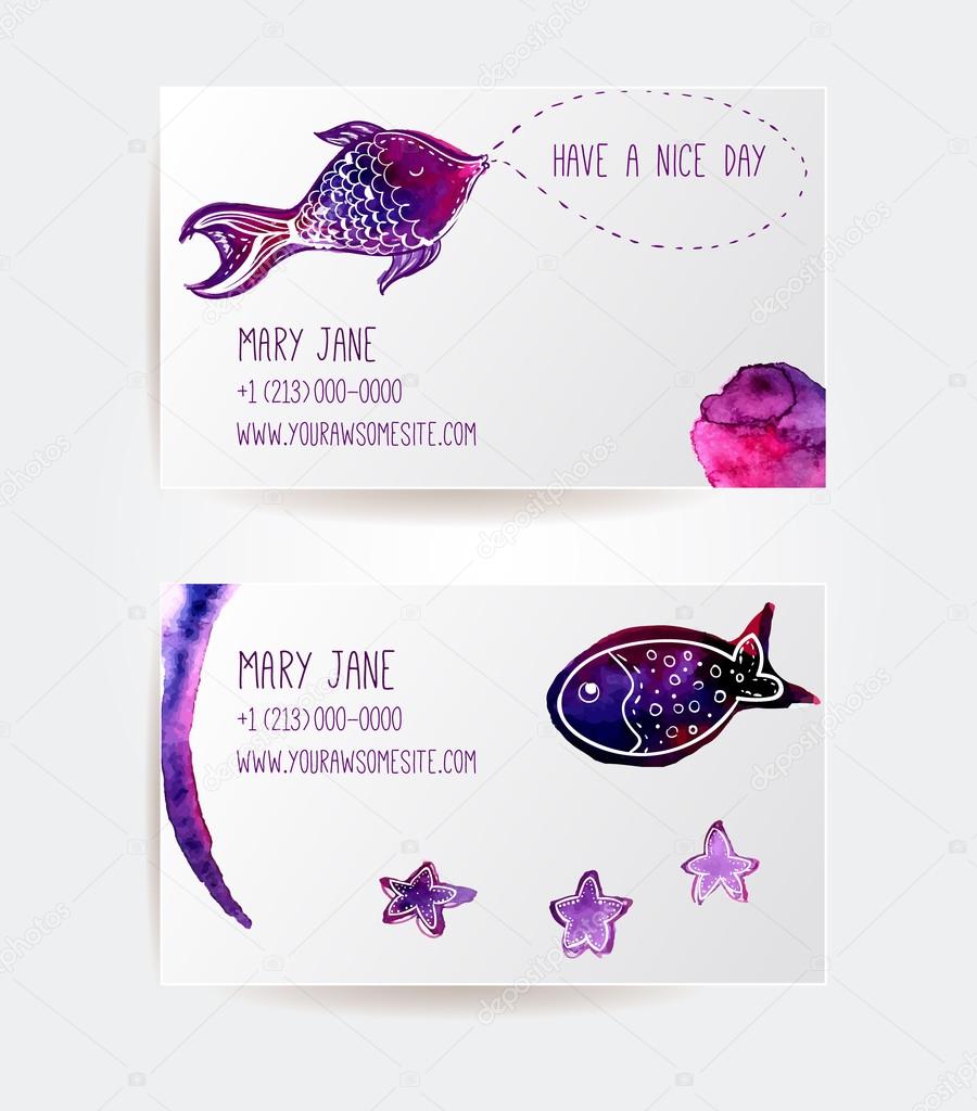 Set of two creative business card templates with artistic vector design. Hand drawn watercolor violet fish with sea stars and abstract watercolor splashes.