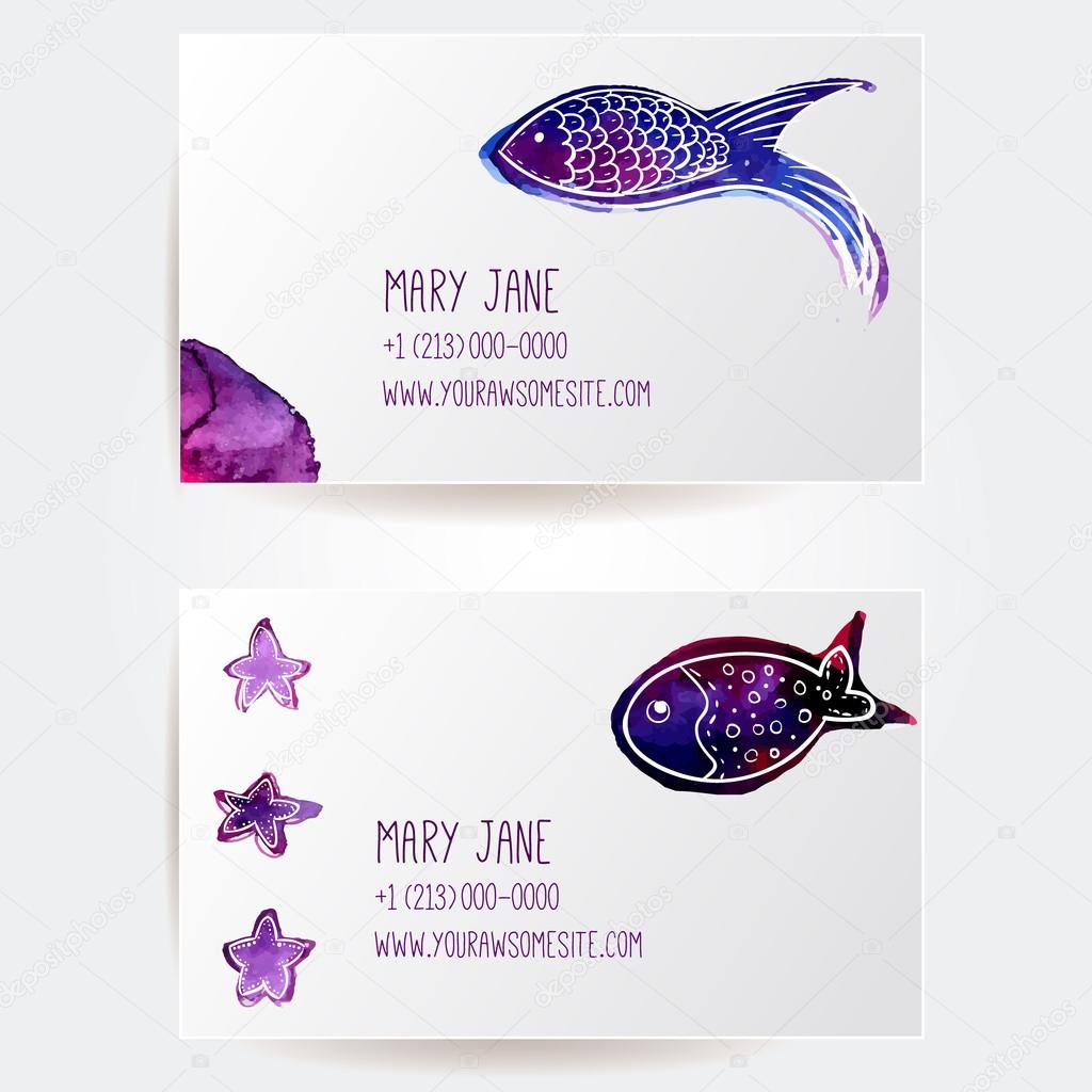 Set of two creative business card templates with artistic vector design. Hand drawn watercolor violet fish with sea stars.