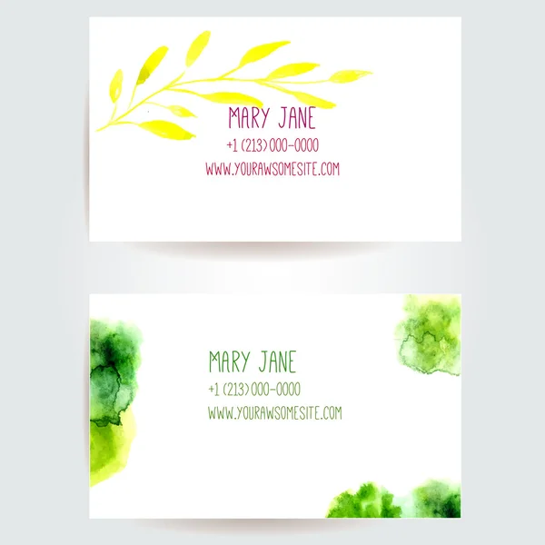 Set of two creative business card templates with artistic vector design. Green paint stains and yellow branch of leaves. — Stock Vector