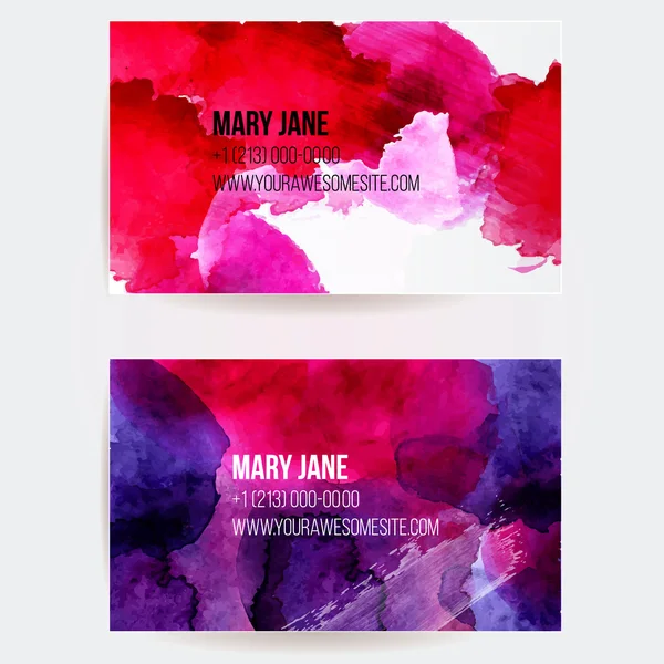 Set of two creative business card templates with artistic vector design. Abstract pink and violet watercolor splashes with grunge texture. - Stok Vektor