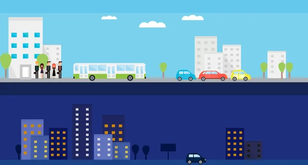 Dois banners com vida diurna e noturna da cidade. Ilustração em vetor plana com pessoas, ônibus, carros e árvores. — Vetor de Stock