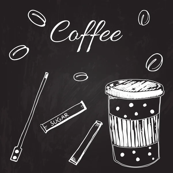 Uppsättning av hand dras kaffe papper kopp, socker pinnar och bönor. Vektorritning på den svarta tavlan. — Stock vektor