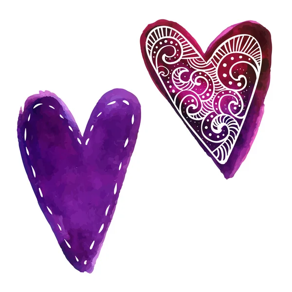 Conjunto de dos corazones de púrpura pintura acuarela de dibujado a mano con garabatos blanco patrón — Vector de stock