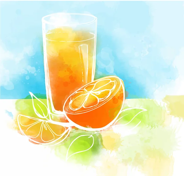 Jus d'orange avec des tranches d'orange et les feuilles. Peinture à l'aquarelle. Concept alimentaire sain. — Image vectorielle