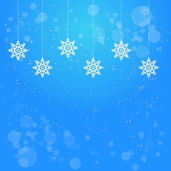 Kerstmis blauwe achtergrond met hangende witte sneeuwvlokken decoraties — Stockvector