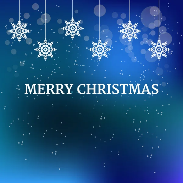 Christmas blue background with hanging white snowflakes decorations and text merry christmas — Stock Vector