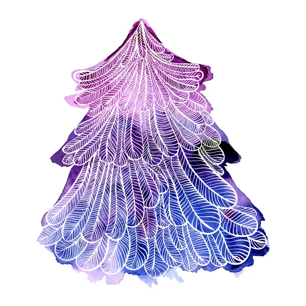 Ilustración acuarela violeta árbol spruce con mano dibujado contorno blanco ornamentado. Elemento de diseño de vectores aislado sobre fondo blanco. — Archivo Imágenes Vectoriales