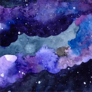 Sulu boya boşluk doku parlayan yıldız. Boya konturları ve süsler ile gece yıldızlı gökyüzü. Vektör çizim.