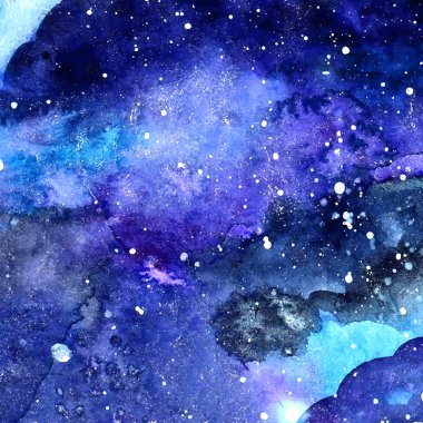 Sulu boya boşluk doku parlayan yıldız. Boya konturları ve süsler ile gece yıldızlı gökyüzü. Vektör çizim.