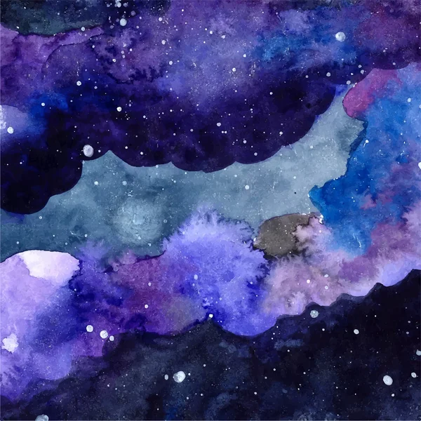 Textura espaço aquarela com estrelas brilhantes. Noite céu estrelado com traços de tinta e swashes. Ilustração vetorial . — Vetor de Stock